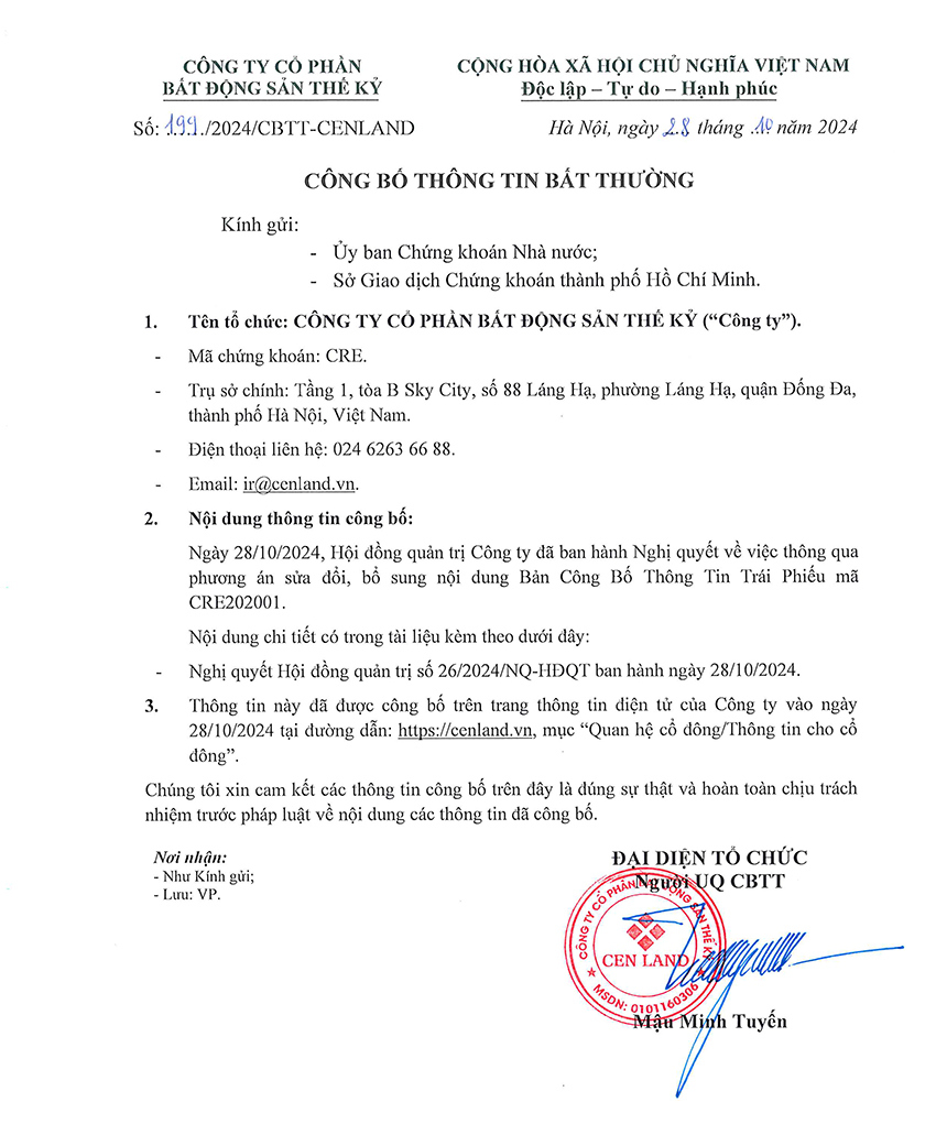 Nghị quyết HĐQT về việc thông qua phương án sửa đổi, bổ sung nội dung Bản Công Bố Thông Tin Trái Phiếu mã CRE202001